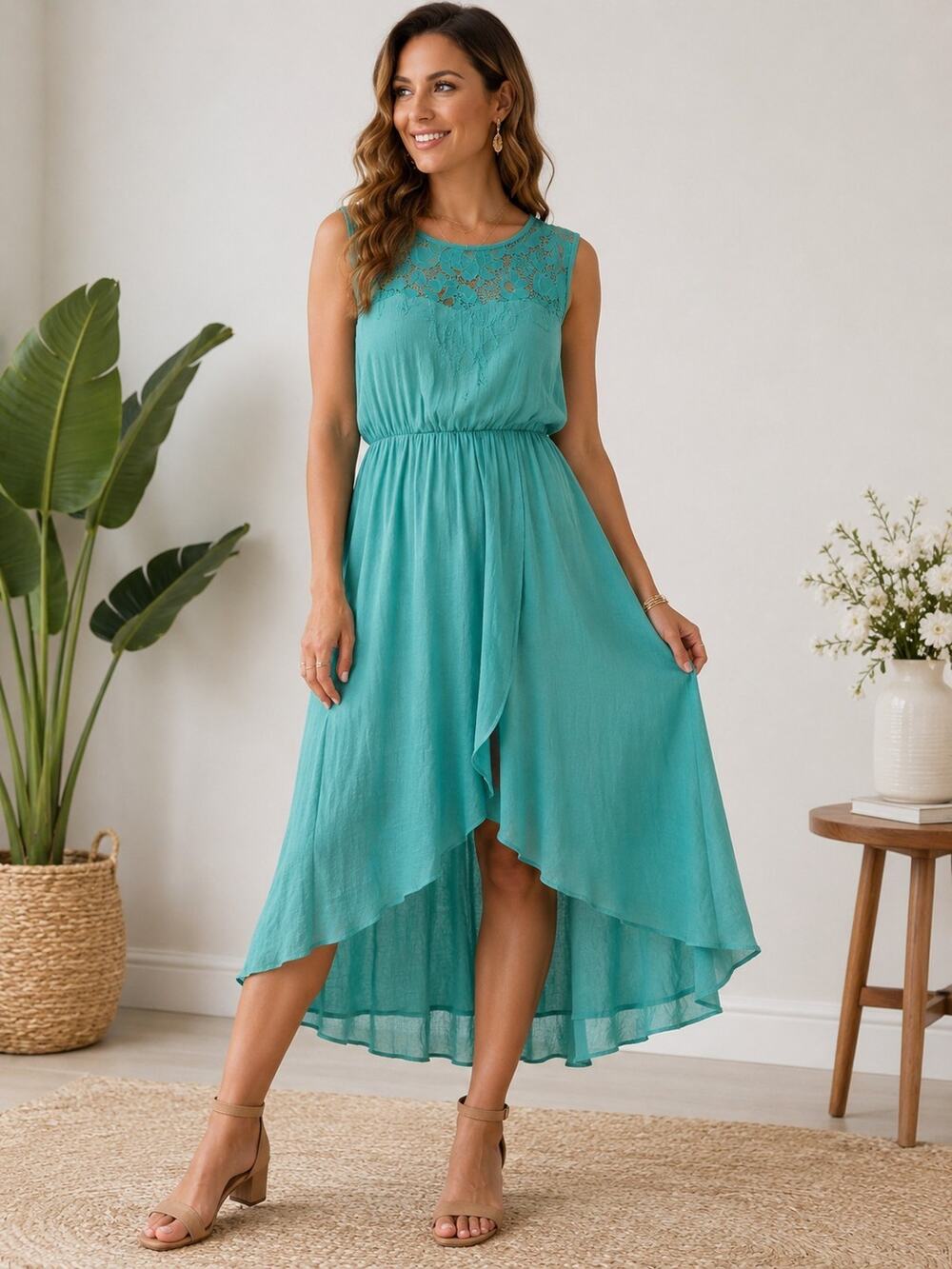 Luxology NWT Aqua Teal XL Lace Overlay Dress Hi-Low Hem Sleeveless Boho